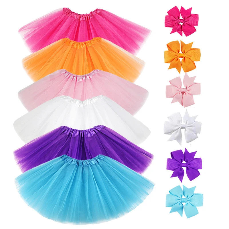 

2pcs/set 0-8years Princess Party Children's Clothing Girls Fluffy Tulle Bow Hair Accessories Tutu Skirt + Hair Clip