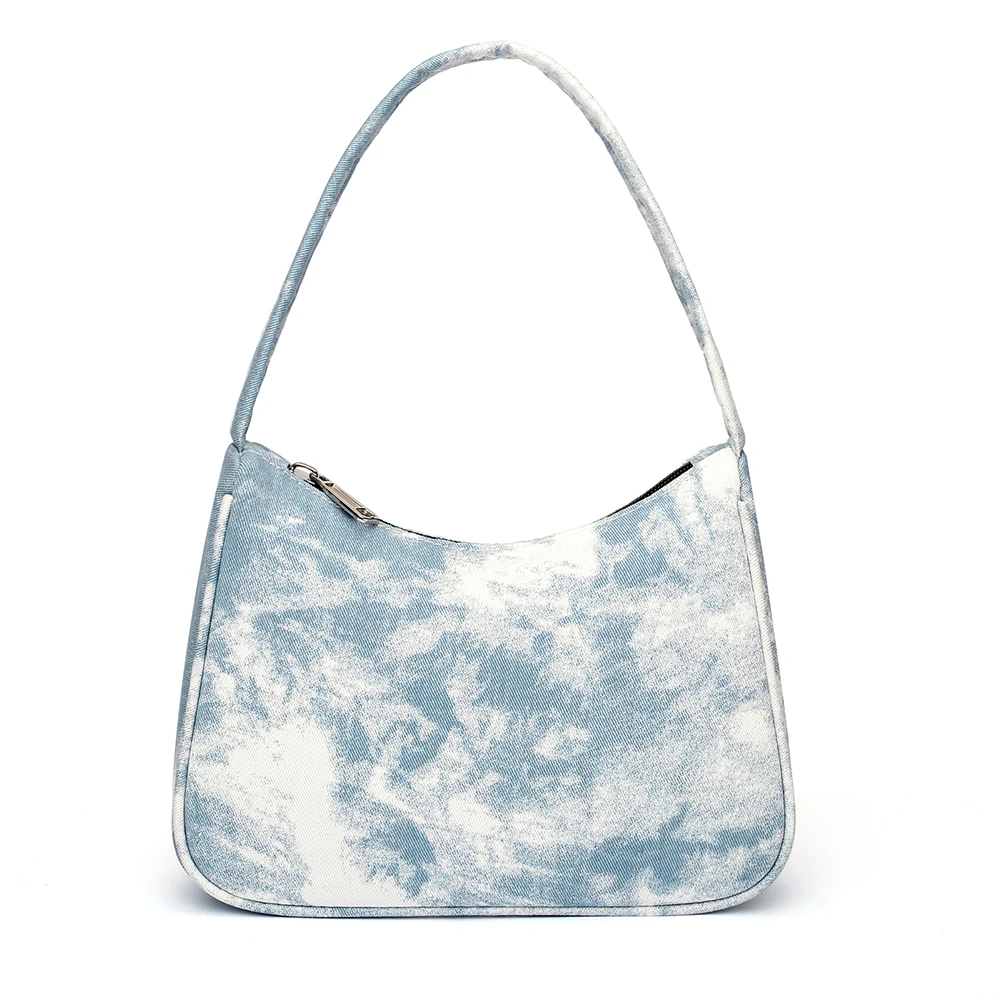 

Youth Ladies Simple Versatile Bag Vintage Tie Dye Printed Shoulder Handbag Female Denim Purse Zipper Underarm Tote