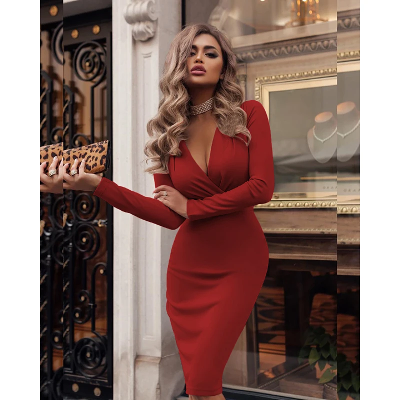

Women Dress Elegant Party Slim V Neck Long Sleeve Mid Calf Pencil Dress Casual Office Lady Solid Red Puff Sleeve