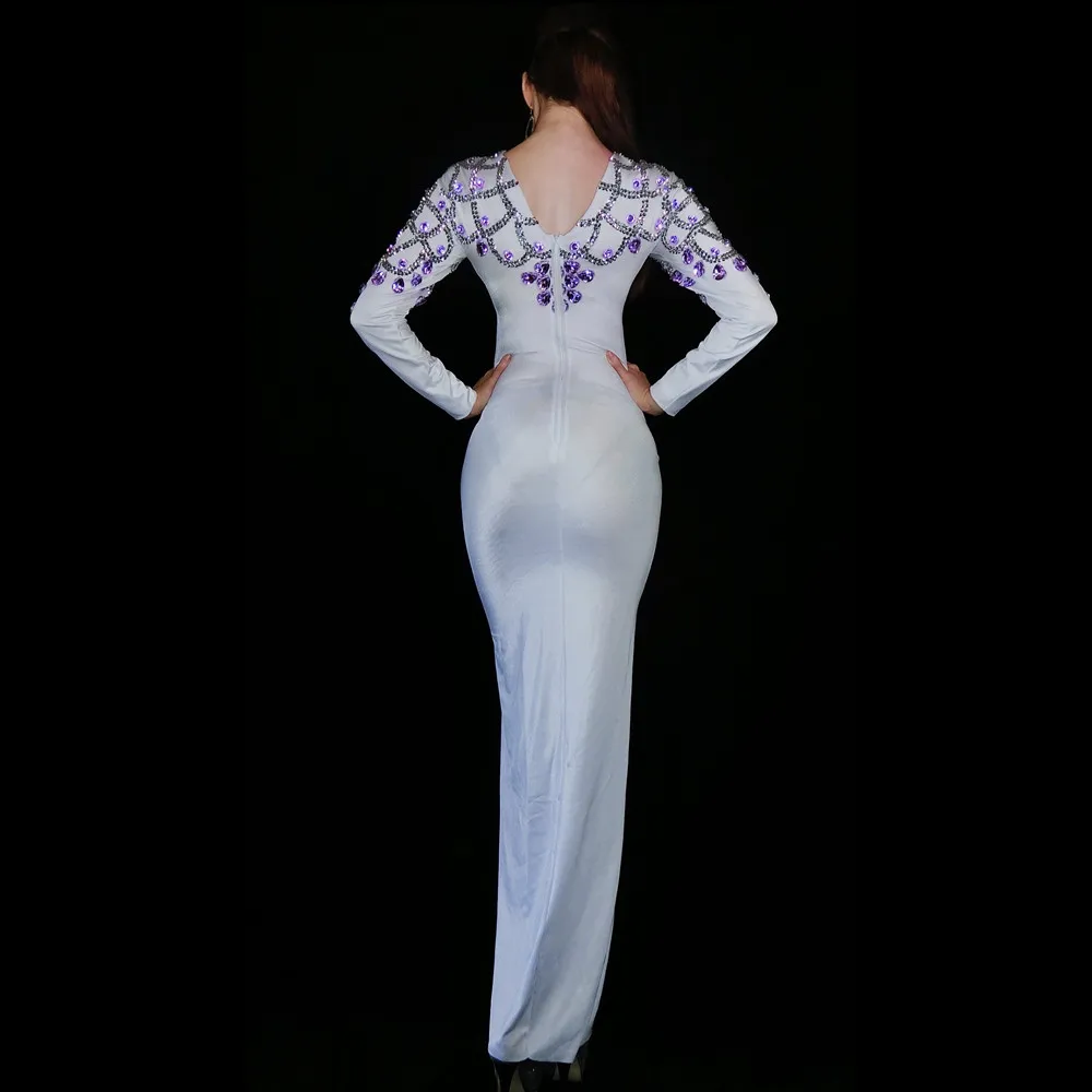 

Luxury Elegant Women's Evening Party Prom High Slit Dress Rhinestone Slim Long Sleeves Singer White Stage Performance Costumes