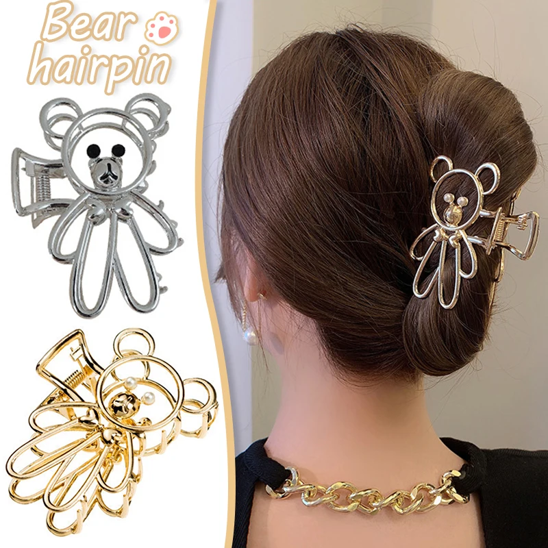 

Блестящий зажим для волос, металлический зажим для волос, зажим для волос с полым милым медведем, дизайнерские зажимы для волос в душе для де...