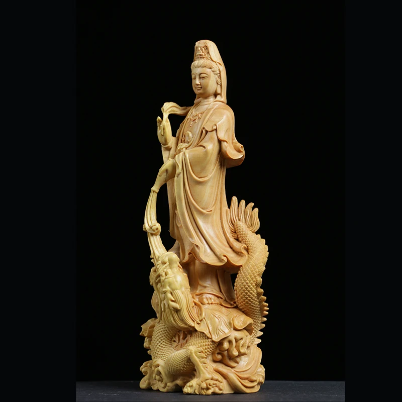 

Boxwood 16cm Guanyin Sculpture Wood Carving Buddha Statue Worship Guan Yin with Dragon Home Decor