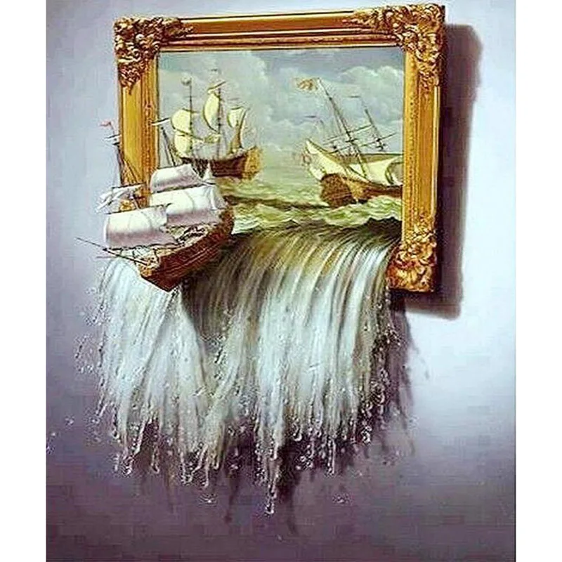 Алмазная 5D Вышивка сделай сам картина с полными стразами Лодка и Водопад мозаика