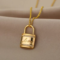 love letter lock pendant necklaces for women stainless steel choker chain zircon carving heart lock necklace christmas jewelry