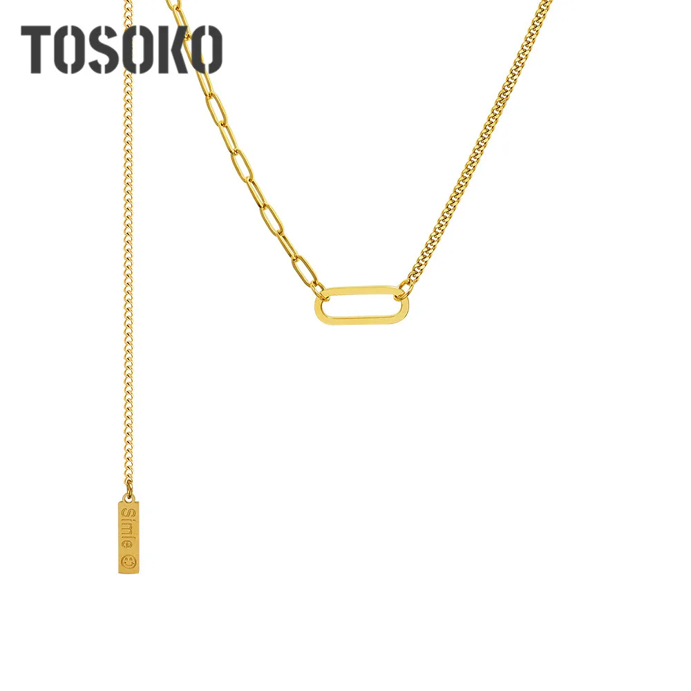

TOSOKO Stainless Steel Jewelry Tassel Smile Geometric Oval Pendant Necklace Women's Fashion Clavicle Chain BSP1048