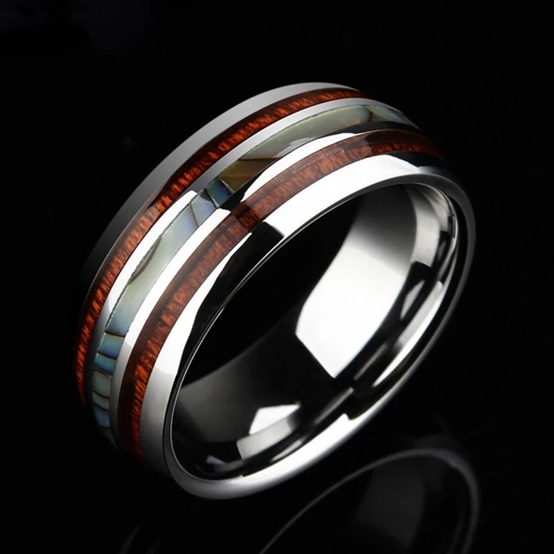 

8mm Men Rings Stainless Steel Wood Abalone Shell Inlay Rings Wedding Birthday Party Gift For Men Jewelry Accessories