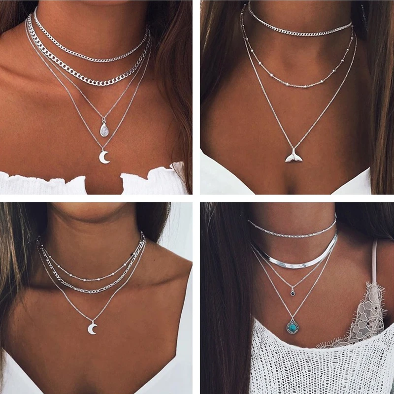 Женская винтажная многослойная цепочка Hamsa ожерелье с Луной и цветами в виде