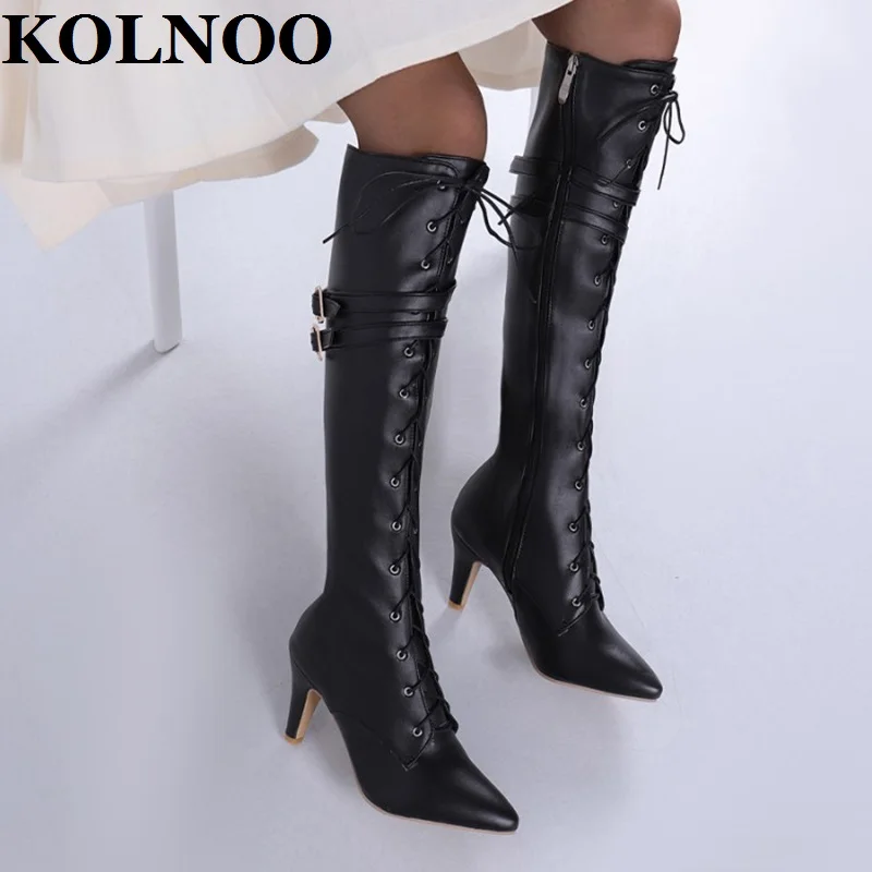 

Kolnoo New Hot Handmade Ladies High Heels Boots Cross Lace-Up&Buckles Sexy Pole Dance Knee-High Boots Evening Club Fashion Shoes