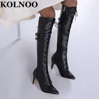 kolnoo new hot handmade ladies high heels boots cross lace upbuckles sexy pole dance knee high boots evening club fashion shoes