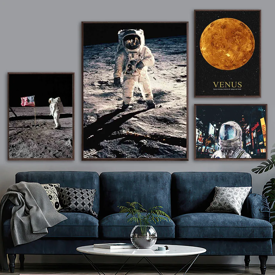 

Картина на холсте, астронавт, луна, космос, Венера, спецкостюм, город, скандинавские плакаты и принты, настенные картины для украшения гостин...