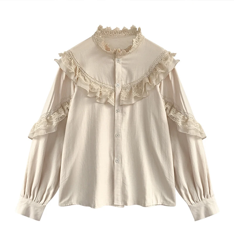 

French Lace Patchwork Shirt Women Vintage Solid O-neck Lantern Sleeve Female Blouse 2021 Fashion Spring Office Lady Blouses Tops