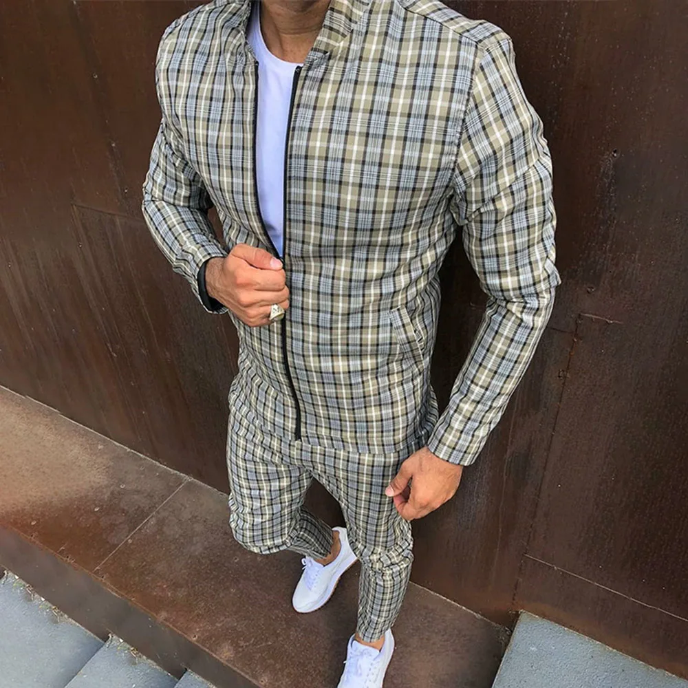 

2021 Mens Tracksuits Plaid Casual Zipper Jacket Suit Spring Autumn Fashion Male Sweatshirt Clothes For Men