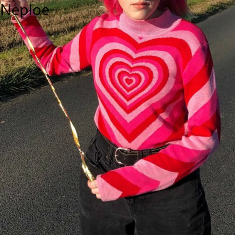 Neploe Love Heart Pattern Sweater Women Color Matching Rainbow Half Turtleneck Pullover Jumper Autumn Slim Knitted 80292 | Женская
