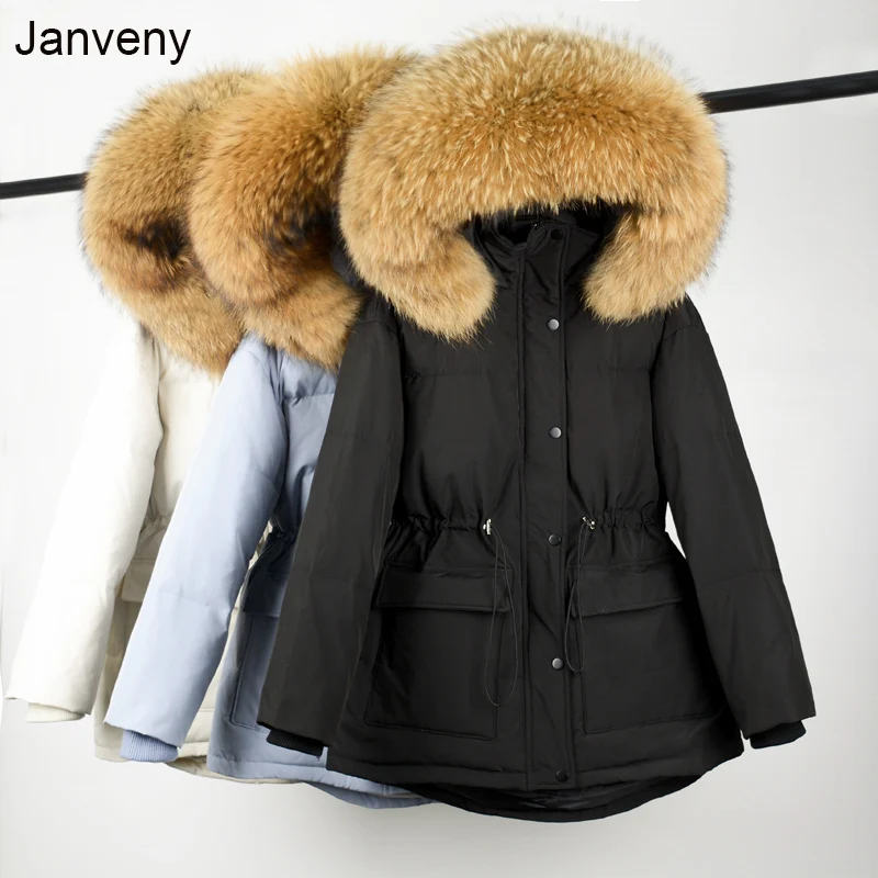 

Janveny Big Natural Raccoon Fur Hooded 90% Duck Down Jacket Waist Retractable Female Parkas Winter Women Thick Warm Overcoat