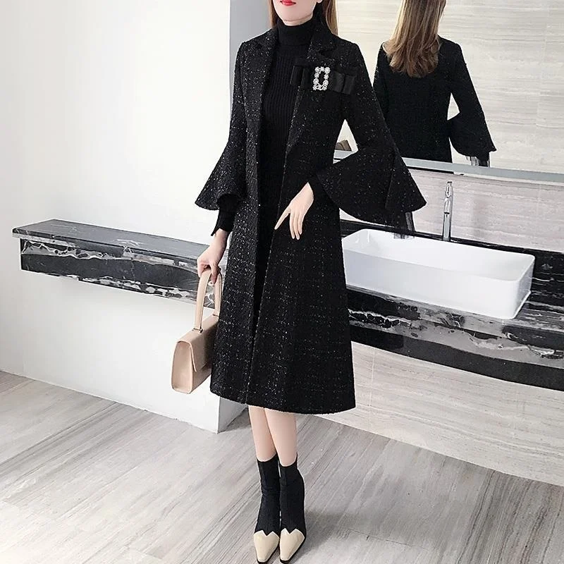 Office Lady Black Tweed Coat Women 2022 New Autumn Winter Clothes Korean Slim Fashion Patchwork Woolen Outwear Medium Long Style