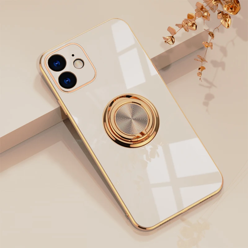 

Qianliyao Plating Silicone Phone Case For iPhone 11 12 Pro Max XS Max X XR 8 7 Plus SE2 Solid Color Metal Ring Holder Soft Cover
