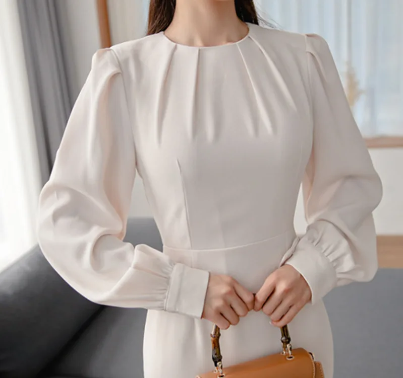 

Elegant Pure Creamy-white Ladies Dresses Casual Long Sleeve Round Neck Knee Length Party Dress For Women