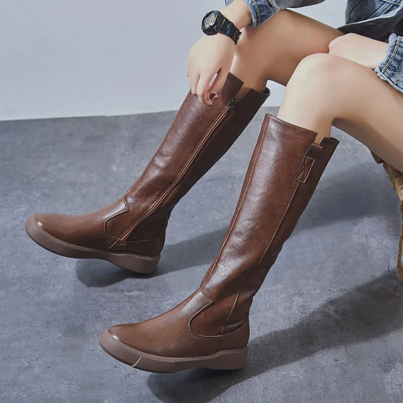 

British Style Women Knee High Boots Autumn Winter Warm Flat Rubber Sole Round Toe Casual PU Leather Long Boots Female