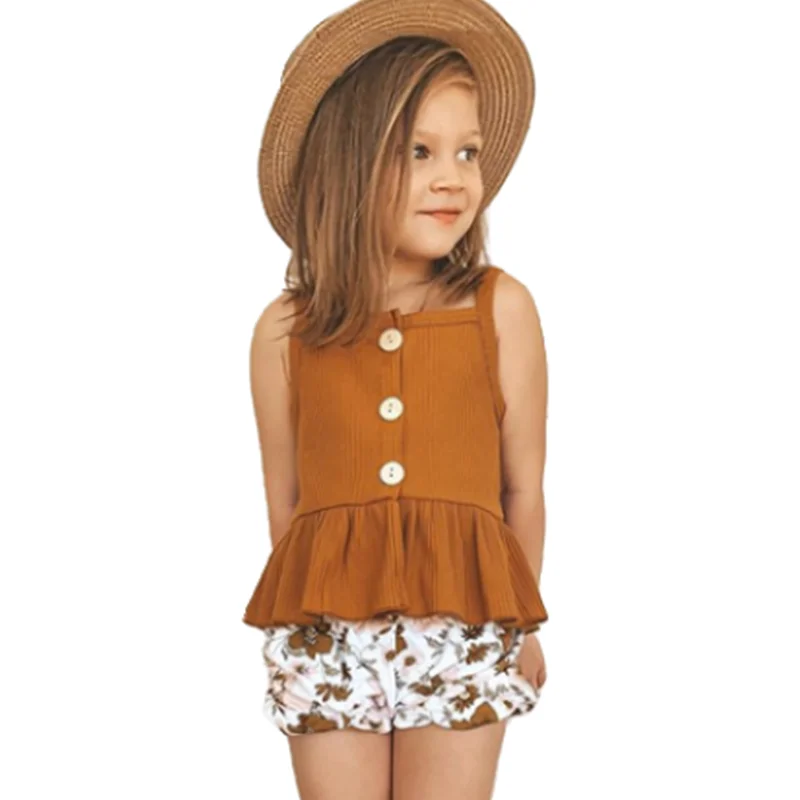 

2021 Summer Cute Toddler Kid Girls Sleeveless Sling Ruffle Tops + Floral Shorts 2pcs Suit Clothes Set Outfit Infant Clothing
