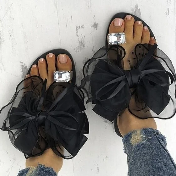

Sweet Bowtie Lace Floral Women Flats Slippers Fashion Crystal Rhinestone Girls Slides Outdoor Beach Shoes Plus Size 42