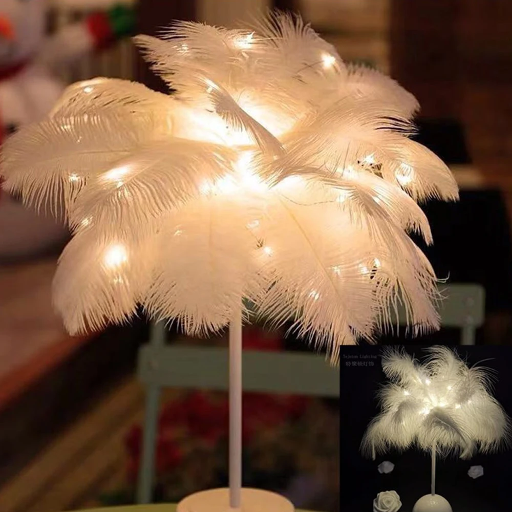 

Remote Control Feather Night Light USB Battery Powered DIY Creative Warm Light Tree Feather Lampshade Wedding Home Bedroom Decor