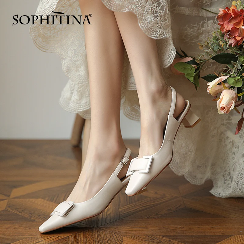 

SOPHITINA Women Sandals Casual Slingbacks Premium Leather Sandals Thick Heel Fasteners Comfort Concise Office Lady Shoes DO512