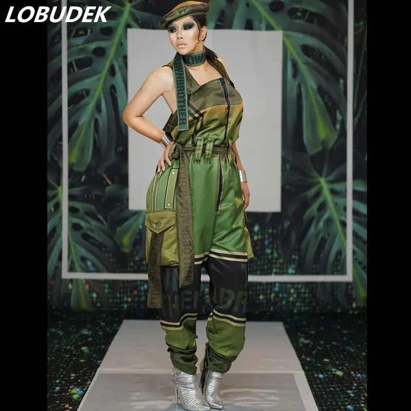 Men Women Jumpsuit  Army Green Overalls Uniform Sleeveless Loose Rompers Bar Nightclub Stage Singer Dancer Performance Costume