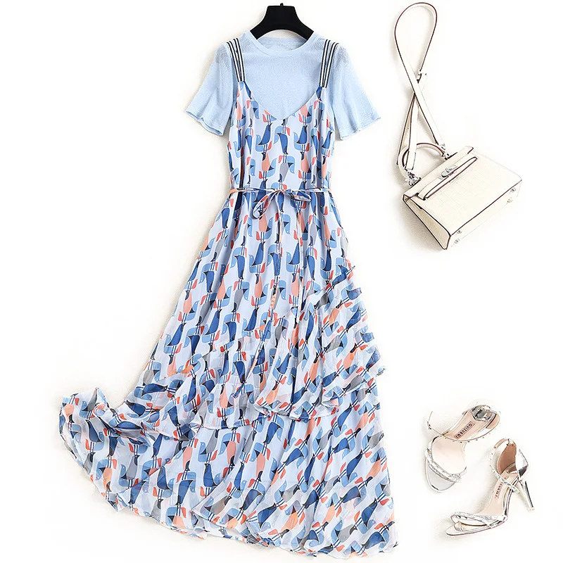 

Для женщин размера плюс комплект летней одежды 2021 синие футболки + спагетти ремень шифоновое платье с цветочным принтом, милый повседневный...