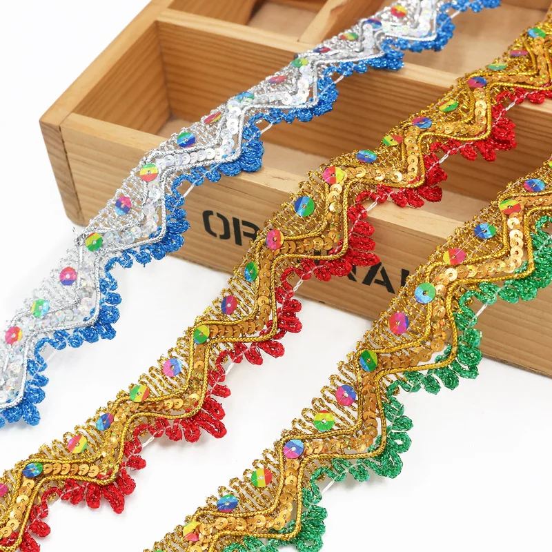 

30m Sequined Lace Ribbons Cosplay Appliqued Performance Accessories Wave Crochet Lace Gold Silver Braid Trims Gold Sewing Band