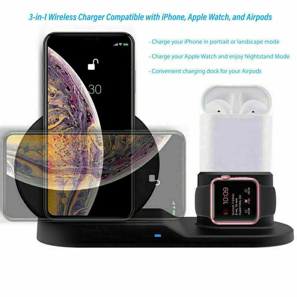 Беспроводное зарядное устройство 3 в 1 с функцией быстрой зарядки для iPhone XR/XS