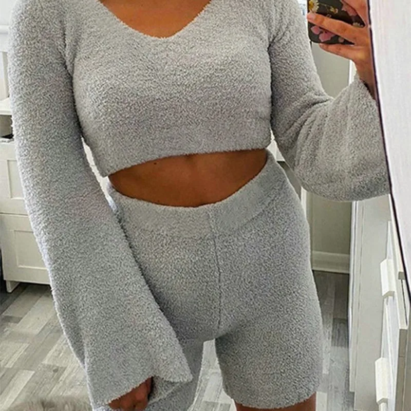 

Women High Waist Crop Top Short Suit Thick Fleece Hoodies Tops and Shorts 2PCS Set Women Tracksuit Casual Sportwear