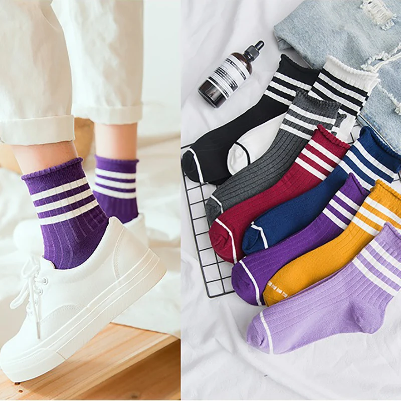 

frilly socks striped korean style calcetines harajuku skarpetki damskie chaussette femme mujer women japan woman cotton sock