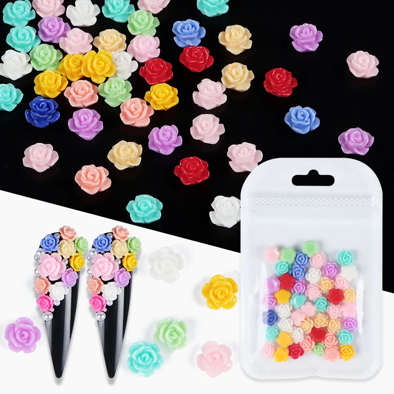 

50Pcs/Bag Colorful Rose Flowers Nail Art Decorations Mixed Resin Nail Jewelry Acrylic DIY Manicure Design Charms