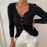 early spring new sexy v neck lace knitted long sleeve cardigan ruffled button casual v neck mature beauty crop top za 2021 women