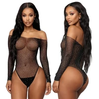sexy bodysuit women fishnet rhinestone bodycon long sleeve leotard tops hollow out see through off shoulder sexy lingerie