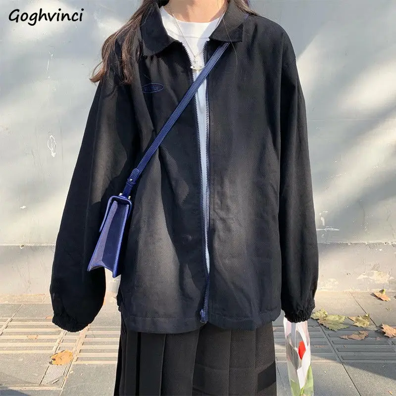 

Basic Jackets Women Spring Autumn Turn-down Collar Zipper-fly Baggy Student Ins Ulzzang Chic BF Vintage Clothes Female All-match
