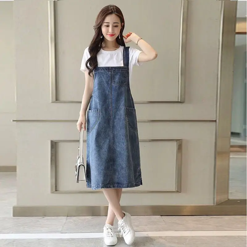Платье с джинсовыми лямками Женское 2021 весна-лето Новый корейский стиль без рукавов Карман Расслабленный средней длины Sundress.