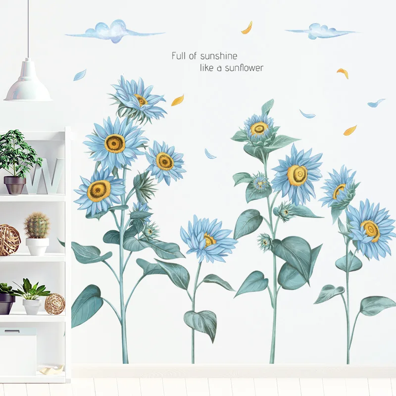 Blue Sunflower Wall stickers for Living room Bedroom Sofa Background Decor Vinyl PVC Decals Art Murals Home Decoration | Дом и сад