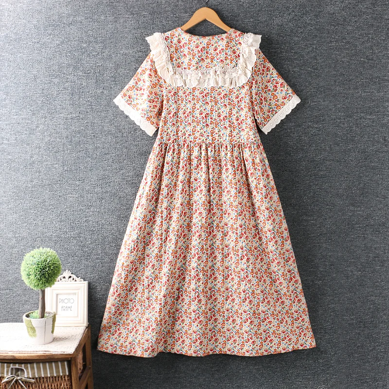 

Summer new women's clothin fresh Ruffle Lapel floral short sleeve dress loose midi dress