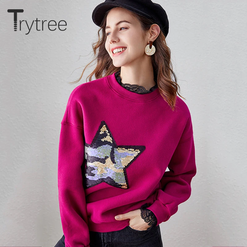 Trytree осень зима Женская Толстовка повседневные кружевные разноцветные блестки звезда Мода Кружева o-образным вырезом оборки Рукав Толстовка Топы