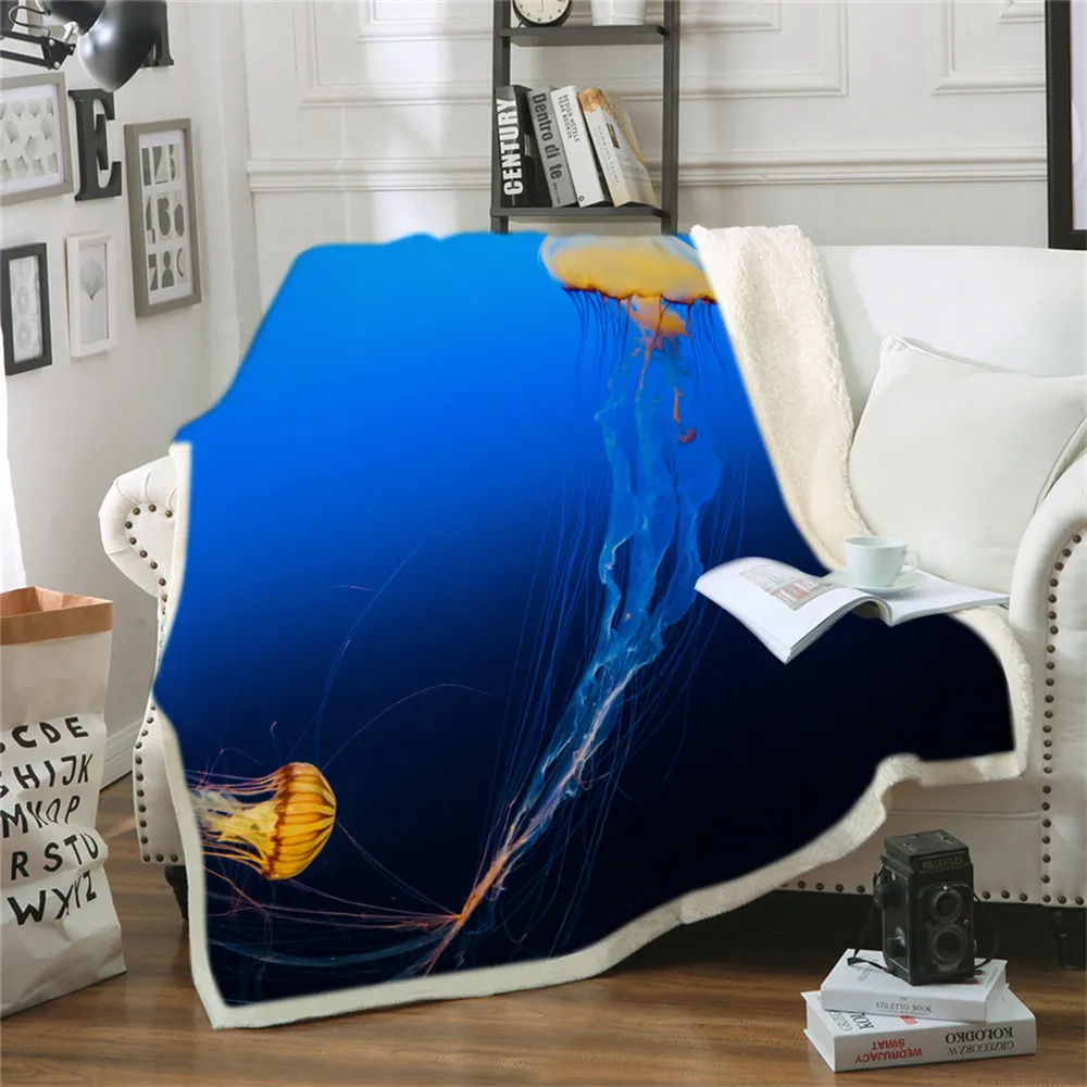 

Sea Jellyfish Blankets For Bed Bedding Ocean Marine Animal Sherpa Blanket Purple Blue Plush Bedspreads