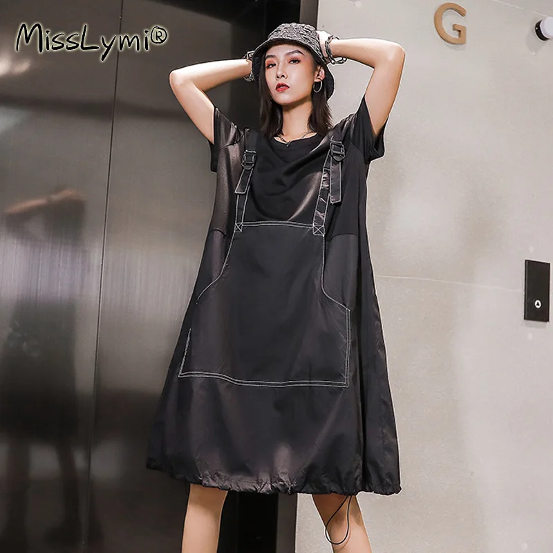 

4XL Plus Size Women Casual Dress Summer 2021 Short Sleeve Patchwork Suspender Print Fake Two Piece Loose Drawstring Dresses