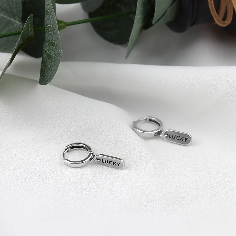 

New Fashion Silver Color Lucky Letter Earrings Simple Geometric Square Hanging Small Hoop Earrings For Girl Jewelry Gift