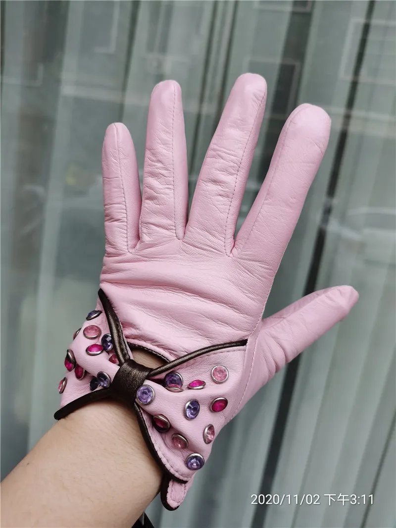 Высокое качество цветные со стразами женская обувь кожаные перчатки короткие