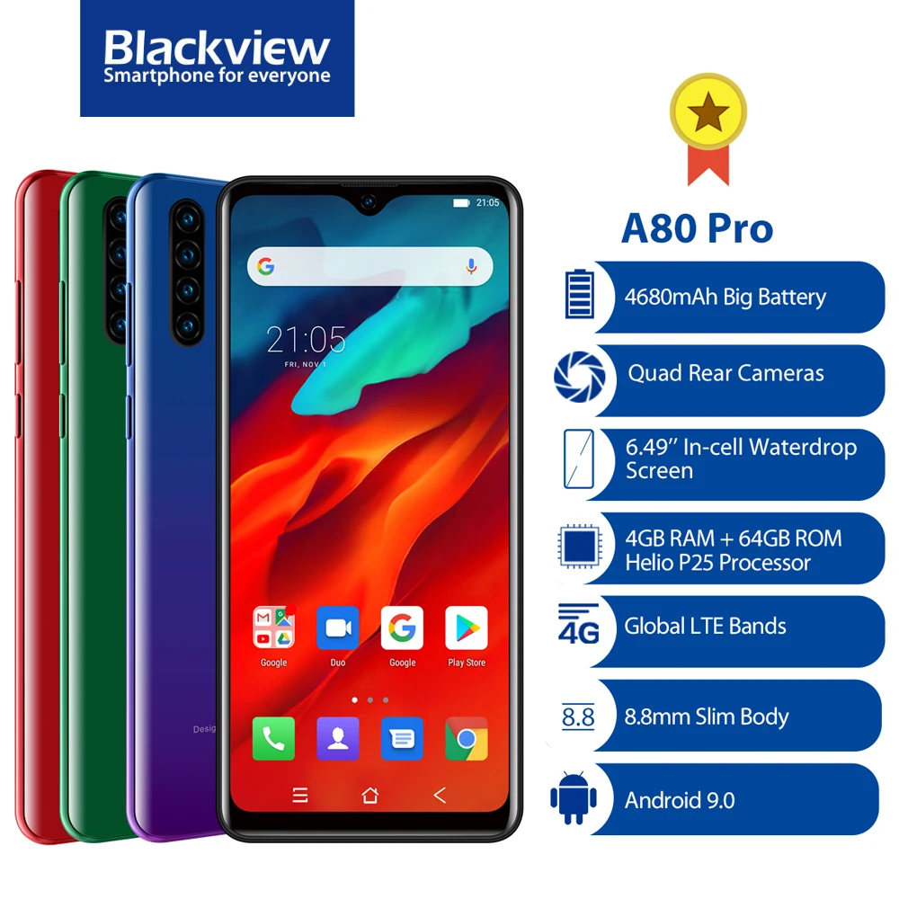 

Global Version Blackview A80 Pro Quad Camera Octa Core 4GB+64GB Android 10.0 Mobile Phone 6.49'' Waterdrop 4680mAh 4G Smartphone