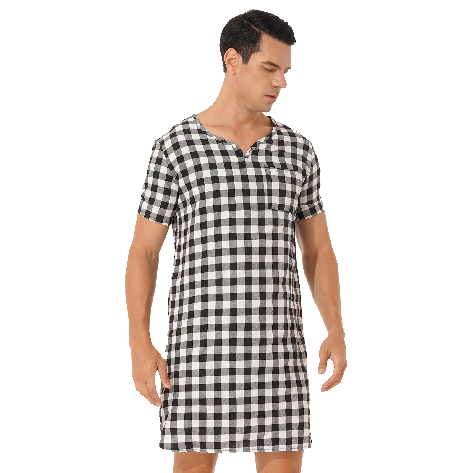 Men Plaid Sleepwear Loungewear V-neck One-piece Shirt Pyjamas Dress with Pockets