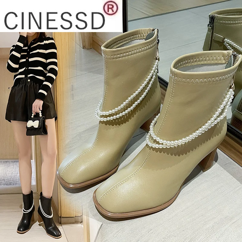 

Fashion Chain Pearl High Heel Short Boots Women Spring and Autumn Single Boots Thick Heel Square Toe Women's Boots Ankle Boots