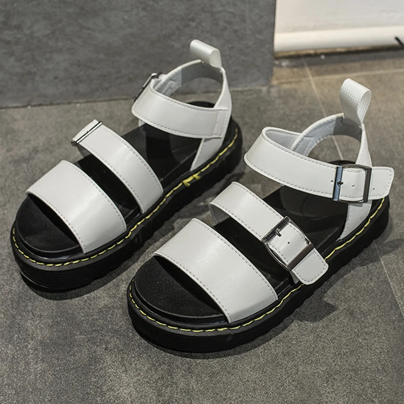 Women Platform Sandals New White Black Flat Heel Solid Color Buckle Gladiator 2021 Outdoor Beach Chunky Woman Shoes | Обувь