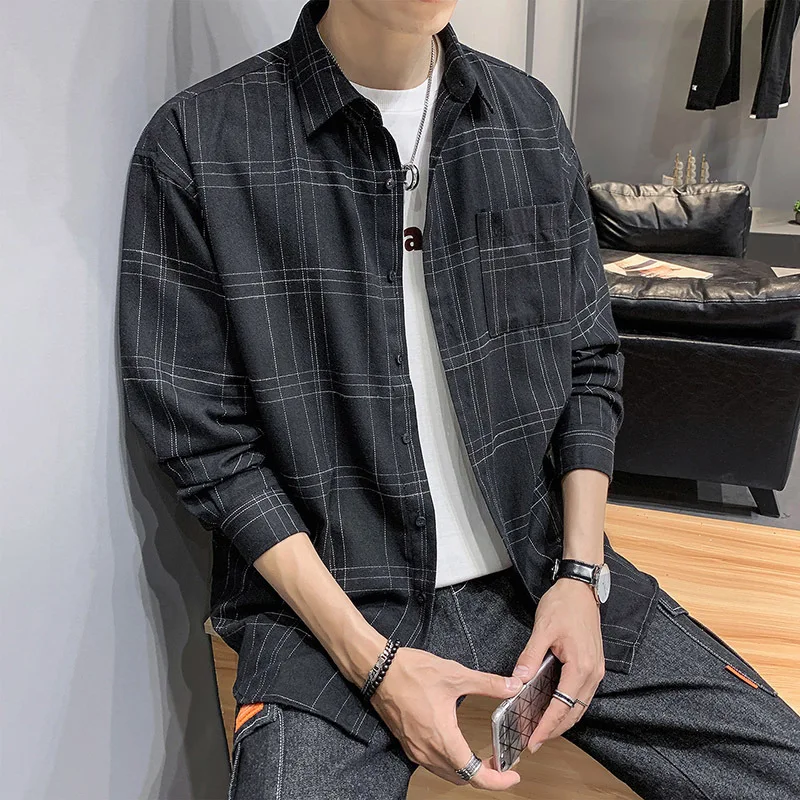 2019 весна и осень новая мужская клетчатая рубашка с принтом порт модная трендовая