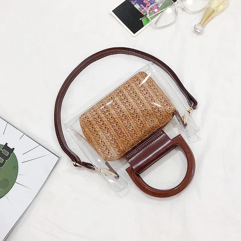 Женские Прозрачные сумки летние соломенные через плечо из двух частей женские